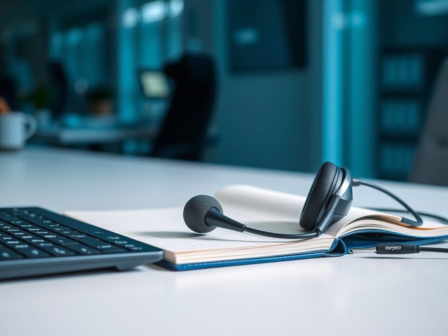 Headset und Notizbuch am Servicearbeitsplatz