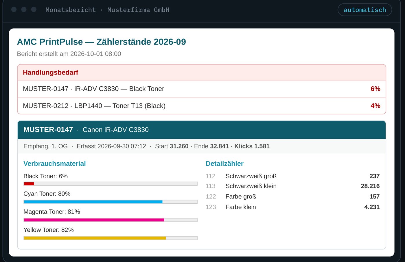Beispiel eines PrintPulse-Monatsberichts mit Handlungsbedarf, Zählerständen und Füllständen